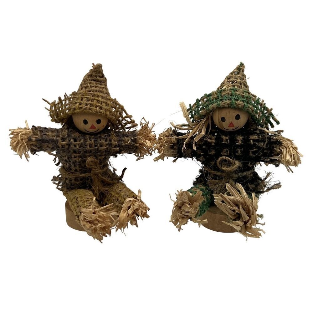 Rustic Set Of 2 Mini Scarecrow Shelf Sitters Wood Burlap Straw Fall Decor 3.5"